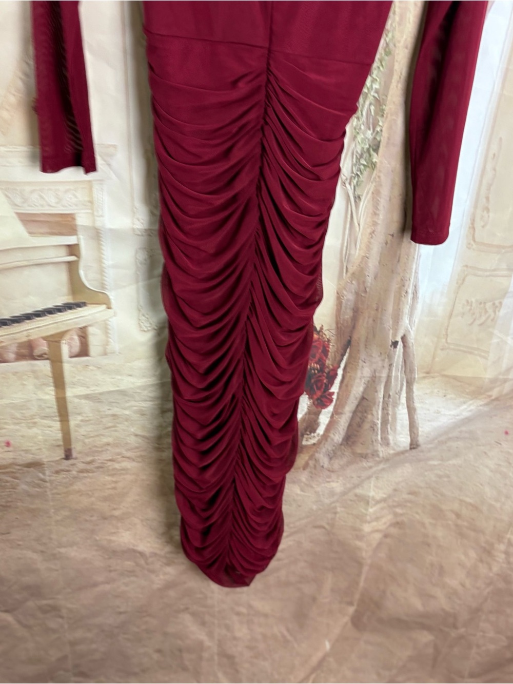 NEW Alexia Admor Burgundy Ruched Mesh Long-Sleeve Evening Dress - Picture 7 of 11